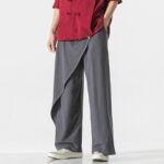 Buddha Stones Asymmetrical Patched Design Plain Men's Cotton Pants With Pockets - image 5