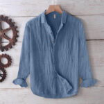 Buddha Stones Men's Shirt Solid Color Lapel Top Short Sleeve Comfy Button Crease Cotton Linen Shirt - Long Sleeve - CornflowerBlue - US/UK/AU50，EU60 (5XL) - image 15