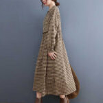 Buddha Stones Fall Plaid Pattern Ruffled Crew Neck Design Cotton Long Sleeve Midi Dress With Pockets - image 4