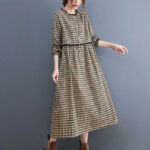 Buddha Stones Fall Plaid Pattern Ruffled Crew Neck Design Cotton Long Sleeve Midi Dress With Pockets - Black - US8-10，UK/AU12-14，EU40-42 (2XL) - image 6