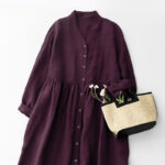 Buddha Stones Fall DarkMagenta V-Neck Buttons Design Cotton Long Sleeve Midi Dress - image 2
