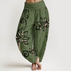 Buddha Stones Pure Cotton Casual Lotus Auspicious Clouds Design Women's Elastic Waist Harem Pants - MediumSeaGreen - US22，UK/AU26，EU54 (6XL) - image 0