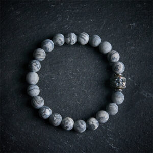 Buddha Stones Natural Frosted Grey Jasper Buddha Face Healing Protection Bracelet - 20cm - image 0