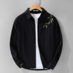 Buddha Stones Embroidery Leaves Pattern Men's Long Sleeve Cotton Linen Shirt - Black - US/UK/AU42，EU52 (3XL) - image 0