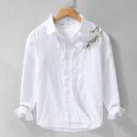 Buddha Stones Embroidery Leaves Pattern Men's Long Sleeve Cotton Linen Shirt - White - US/UK/AU42，EU52 (3XL) - image 5