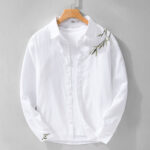 Buddha Stones Embroidery Leaves Pattern Men's Long Sleeve Cotton Linen Shirt - image 6