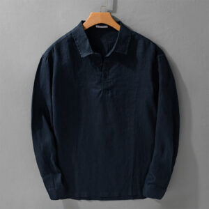 Buddha Stones Men's Solid Color Lapel Buttons Long Sleeve Pure Linen Shirt - MidnightBlue - US/UK/AU42，EU52 (3XL) - image 0