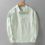Buddha Stones Men's Solid Color Lapel Buttons Long Sleeve Pure Linen Shirt - PaleGreen - US/UK/AU42，EU52 (3XL) - image 5