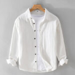 Buddha Stones Men's Pure Color Lapel Buttons Simple Design Ramie Cotton Long Sleeve Shirt - White - US/UK/AU42，EU52 (3XL) - image 11