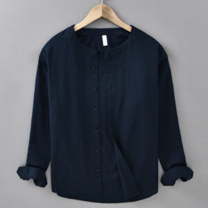 Buddha Stones Men's Spring Pure Color Stand Collar Cotton Linen Long Sleeve Shirt - MidnightBlue - US/UK/AU42，EU52 (3XL) - image 0