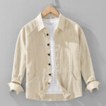 Buddha Stones Men's Fall Plain Ramie Cotton Long Sleeve Lapel Shirt With Pockets - PaleGoldenrod - US/UK/AU42，EU52 (3XL) - image 0