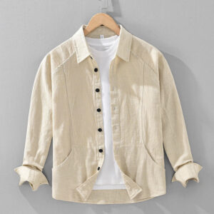 Buddha Stones Men's Fall Plain Ramie Cotton Long Sleeve Lapel Shirt With Pockets - PaleGoldenrod - US/UK/AU42，EU52 (3XL) - image 0