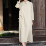 Buddha Stones Fall Plain Chinese Frog-Button Design Cotton Linen Long Sleeve Midi Dress With Pockets - image 5