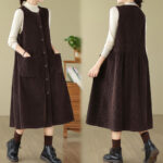 Buddha Stones Fall Buttons Design Cotton Corduroy Sleeveless Midi Dress With Pockets - image 4