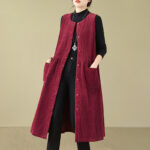 Buddha Stones Fall Buttons Design Cotton Corduroy Sleeveless Midi Dress With Pockets - image 23