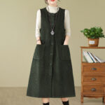 Buddha Stones Fall Buttons Design Cotton Corduroy Sleeveless Midi Dress With Pockets - image 9
