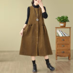 Buddha Stones Fall Buttons Design Cotton Corduroy Sleeveless Midi Dress With Pockets - image 14