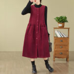 Buddha Stones Fall Buttons Design Cotton Corduroy Sleeveless Midi Dress With Pockets - Crimson - US12，UK/AU16，EU44 (3XL) - image 20