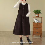 Buddha Stones Fall Buttons Design Cotton Corduroy Sleeveless Midi Dress With Pockets - image 1