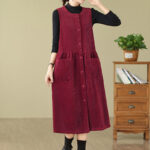 Buddha Stones Fall Buttons Design Cotton Corduroy Sleeveless Midi Dress With Pockets - image 22