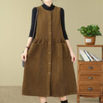 Buddha Stones Fall Buttons Design Cotton Corduroy Sleeveless Midi Dress With Pockets - image 16