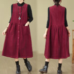 Buddha Stones Fall Buttons Design Cotton Corduroy Sleeveless Midi Dress With Pockets - image 24