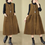 Buddha Stones Fall Buttons Design Cotton Corduroy Sleeveless Midi Dress With Pockets - image 17