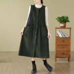 Buddha Stones Fall Buttons Design Cotton Corduroy Sleeveless Midi Dress With Pockets - DarkGreen - US12，UK/AU16，EU44 (3XL) - image 6