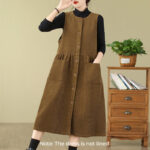 Buddha Stones Fall Buttons Design Cotton Corduroy Sleeveless Midi Dress With Pockets - image 13