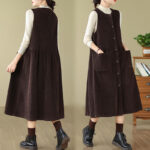 Buddha Stones Fall Buttons Design Cotton Corduroy Sleeveless Midi Dress With Pockets - image 3