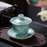 Buddha Stones Traditional Glaze Ceramic Gaiwan Sancai Teacup Kung Fu Tea Cup And Saucer With Lid 180ml Cup BS 3