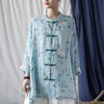 Buddha Stones Light Green Pink Flowers Green Leaves Frog-Button Long Sleeve Ramie Linen Jacket Shirt 20