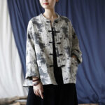 Buddha Stones Black Gray Print Frog-button Design Long Sleeve Cotton Linen Jacket Shirt With Pockets Women's Shirts BS 20