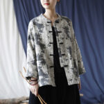 Buddha Stones Black Gray Print Frog-button Design Long Sleeve Cotton Linen Jacket Shirt With Pockets Women's Shirts BS 1
