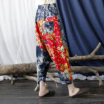 Buddha Stones Blue Red Peony Flowers Patchwork Cotton Linen Harem Pants With Pockets Women's Harem Pants BS 3