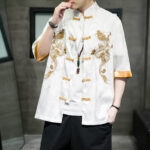 Buddha Stones Frog-Button Chinese Dragon Embroidery Half Sleeve Shirt Linen Men Clothing Men's Shirts BS White 5XL(Fit for US/UK/AU48; EU58)
