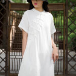 Buddha Stones Frog-Button Midi Dress Cotton Linen Short Sleeve Dress With Pockets Midi Dress BS 17