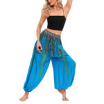 Buddha Stones Peacock Feather Pattern Loose Harem Trousers Women's Yoga Pants Women's Harem Pants BS Blue(Waist 60-95cm/Hips 170cm/Length 98cm)