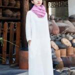 Buddha Stones Simple Midi Dress Cotton Linen Zen Tunic Dress With Pockets Midi Dress BS 23