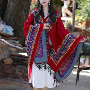 Buddha Stones Tibetan Shawl Red Love Heart Tassel Hooded Cloak Winter Cozy Travel Scarf Wrap Tibetan Shawl BS 150*130cm