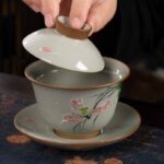 Buddha Stones Lotus Koi Fish Pod Leaf Ceramic Gaiwan Sancai Teacup Kung Fu Tea Cup And Saucer With Lid 140ml Cup BS 9