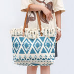 Buddha Stones Large Capacity Boho Geometry Print Tassel Canvas Tote Shoulder Bag Shoulder Bag BS 3