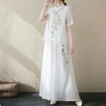 Buddha Stones 2Pcs Flower Embroidery Short Sleeve Tee T-shirt Wide Leg Pants Set 2-Piece Outfit BS 10
