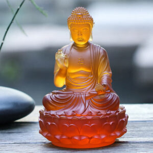 Buddha Stones Handmade Sakyamuni Buddha Liuli Crystal Art Piece Compassion Statue Home Office Offering Decoration Decorations BS 13.5*13.5*20.5cm/5.31*5.31*8.07Inch