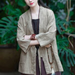 Buddha Stones Hanfu Design Three Quarter Sleeve Ramie Linen Coat Open Front Top Jacket Coat BS 5