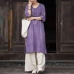 Buddha Stones Handmade Tie Dye Ramie Linen Frog-Button Midi Dress Wide Leg Pants With Pockets Midi Dress&Wide Leg Pants BS 3