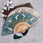 Buddha Stones Vintage Cloud Crane Pattern Handheld Bamboo Folding Fan Folding Fan BS main