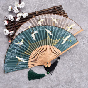 Buddha Stones Vintage Cloud Crane Pattern Handheld Bamboo Folding Fan Folding Fan BS main