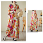 Buddha Stones Orange Blue Colorful Polka Dots Midi Dress Cotton Half Sleeve Dress With Pockets Midi Dress BS 13