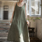 Buddha Stones Summer Spaghetti Strap Handmade Tie Dye Linen Midi Cami Dress Midi Dress BS OliveDrab F(Fit for US4-8/10; UK/AU8-12/14; EU36-40/42)